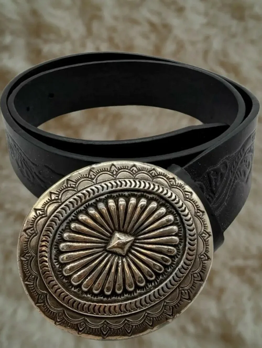 Vintage Western Black Leather Belt with Engraved Silver Concho Buckle